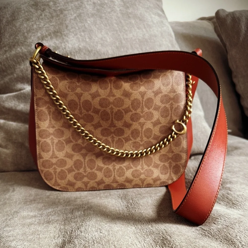 Coach Signature Canvas Crossbody Bag with Tan and Rust Accents - Picture 1 of 7
